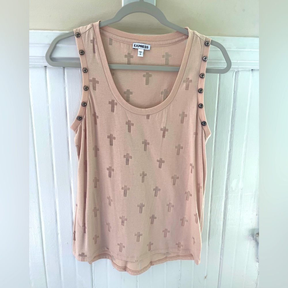 Express see thru crosses w/ bronze caps on sleeveless edges, light pink/nude